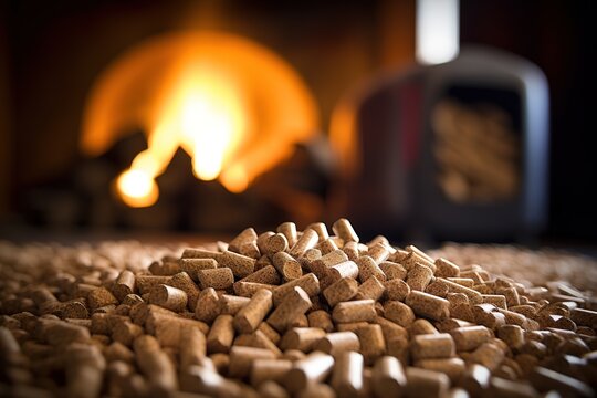Holzpellets liegen vor dem Kamin. Heizen mit Pellets aus Holz im Winter. Holz f&uuml;r die Pelletheizung vor dem Feuer.