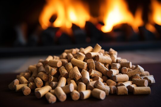 Holzpellets liegen vor dem Kamin. Heizen mit Pellets aus Holz im Winter. Holz f&uuml;r die Pelletheizung vor dem Feuer.