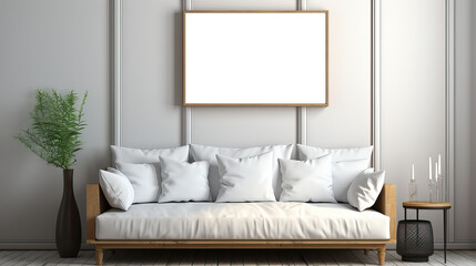 Picture fame mockup in the interior of a modern living room on a white wall with a sofa and a plant in a vase, transparent wall art mock-up.