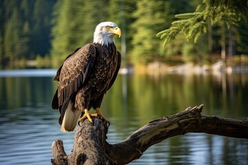 Bald Eagle Perched on Tree Branch, Overlooking Lake in National Park. Majestic Bird of Prey, American Emblem, with Sharp Beak and Eyes for Birding