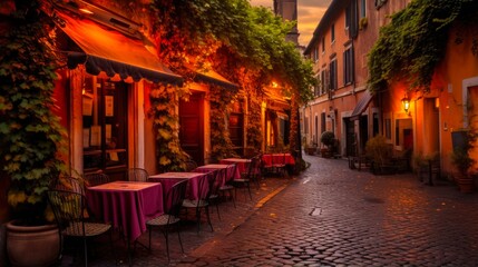 Charming Trastevere: Exploring the Picturesque Streets and Cafes of Rome's Romantic District Along the Tiber River in Italy, Europe - obrazy, fototapety, plakaty