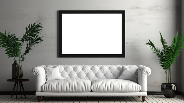 Canvas frame mock-up in the interior of a modern living room on a white wall with a sofa and a plant in a vase, transparent wall art mock-up.