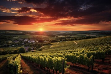 Stunning Sunset at French Vineyard - Agriculture and Countryside Background with Grape Farm and Farmland Fields in Europe
