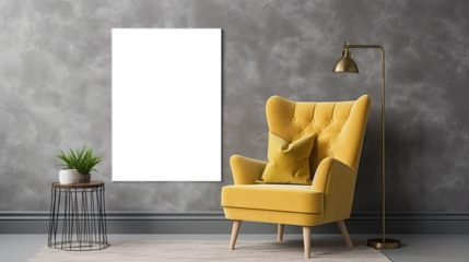 Picture fame mockup in the interior of a modern living room on a grey wall with a sofa and a plant in a vase, transparent wall art mock-up.