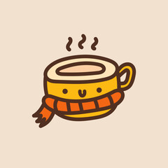 Cute cartoon cup of tea. Funny character of a cup of tea with a scarf. Autumn illustration. Cozy icon. Children's drawing of kitchen utensils. Hand drawn vector illustration