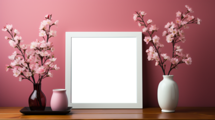 Picture fame mockup  in the interior of a modern living room on a pink wall with a plant in a vase, transparent wall art mock-up.
