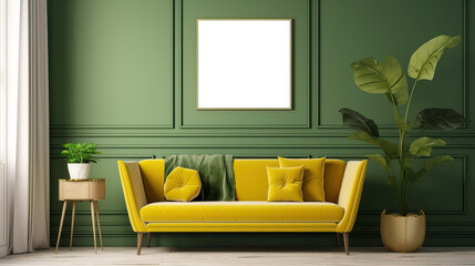 Canvas frame mock-up in the interior of a modern living room on a green wall with a sofa and a plant in a vase, transparent wall art mock-up.