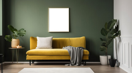 Canvas frame mock-up in the interior of a modern living room on a green wall with a sofa and a plant in a vase, transparent wall art mock-up.