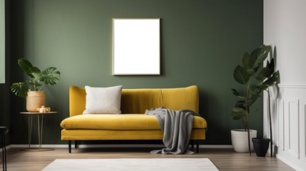 Picture fame mockup  in the interior of a modern living room on a green wall with a sofa and a plant in a vase, transparent wall art mock-up.
