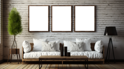 three Picture fame mockup in the interior of a modern living room with a sofa and a plant in a vase, transparent wall art mock-up.