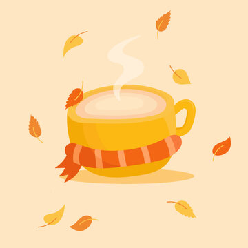 recommend clip art: Vector autumn illustration of a cup of hot tea with falling autumn leaves. Cozy autumn. A cute cup of tea with a scarf. Autumn banner, image, postcard.