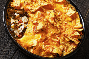 Frito chicken casserole in baking dish, top view