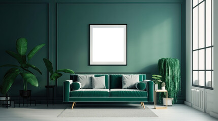 Picture frame mock-up in the interior of a modern living room on a green wall with a sofa and a plant in a vase, transparent wall art mock-up.