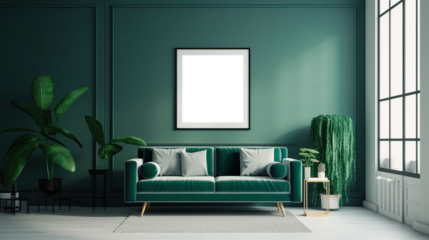 Picture frame mock-up in the interior of a modern living room on a green wall with a sofa and a plant in a vase, transparent wall art mock-up.