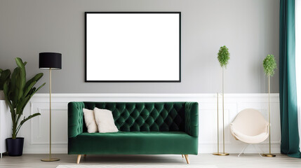 Canvas frame mock-up in the interior of a modern living room on a white wall with a sofa and a plant in a vase, transparent wall art mock-up.