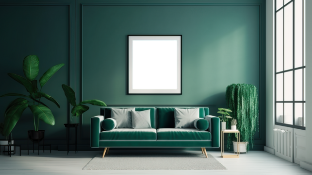 Picture frame mock-up in the interior of a modern living room on a green wall with a sofa and a plant in a vase, transparent wall art mock-up.