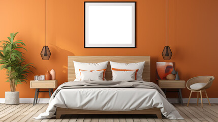 picture frame mock-up in the interior of a bedroom on orange wall, transparent wall art mockup.