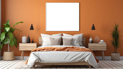 picture frame mock-up in the interior of a bedroom on orange wall, transparent wall art mockup.