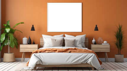 picture frame mock-up in the interior of a bedroom on orange wall, transparent wall art mockup.