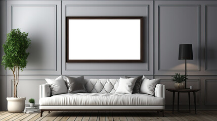 picture frame mock-up in the interior of a modern living room on a grey wall with a sofa and a plant in a vase, transparent wall art mockup.