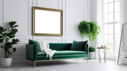 picture frame mock-up in the interior of a modern living room on a white wall with a sofa and a plant in a vase, transparent wall art mock up.