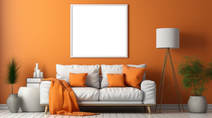picture frame mock-up in the interior of a modern living room on a orange wall with a sofa and a plant in a vase, transparent wall art mock-up.