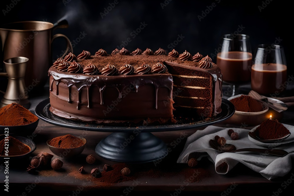Poster generate an image of a decadent chocolate cake with rich frosting and a dusting of cocoa powder - ai
