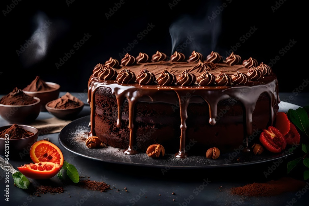 Poster generate an image of a decadent chocolate cake with rich frosting and a dusting of cocoa powder - ai