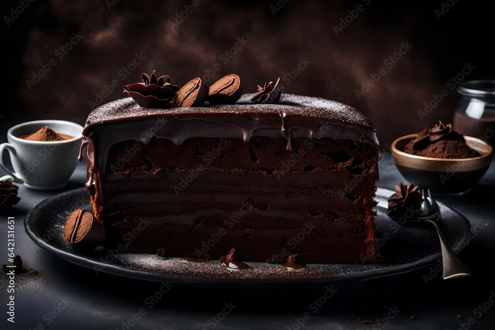 Poster generate an image of a decadent chocolate cake with rich frosting and a dusting of cocoa powder - ai