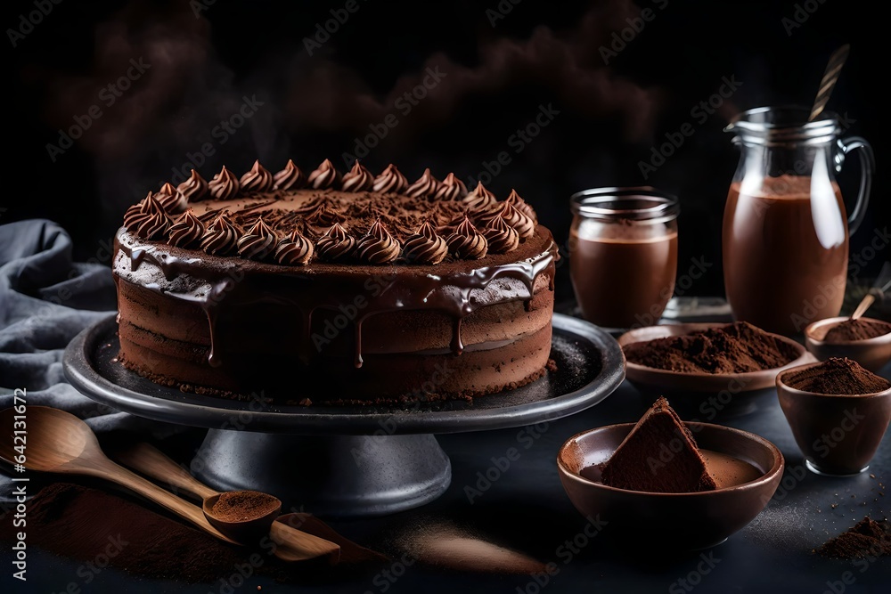 Poster generate an image of a decadent chocolate cake with rich frosting and a dusting of cocoa powder - ai