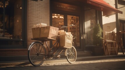 Basket of bags on a bicycle in front of shop in the old town Cinematic photography