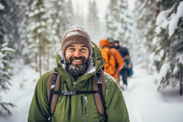 Fototapeta na wymiar A young bearded man enjoys a snowy forest in Lapland