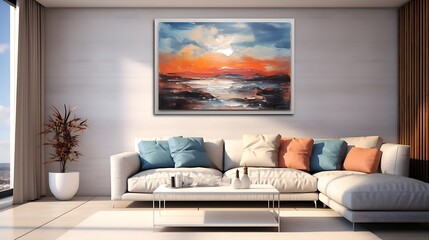 Modern Living Room Featuring a Sofa and Wall Art, Decorated in Soft, Muted Colors, Generative AI