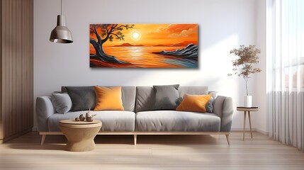 Modern Living Room Featuring a Sofa and Wall Art, Decorated in Soft, Muted Colors, Generative AI