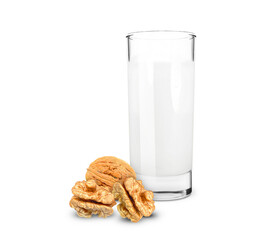 plant milk from walnuts, in a glass isolated on white background
