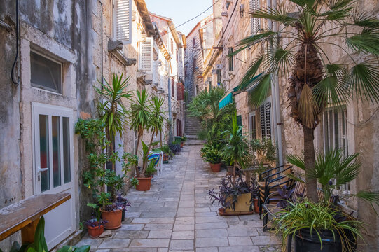 Fototapeta Romantic old street in historic town of Orebic on Peljsac, Dalmatia, Croatia