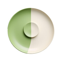 Closeups of a yin yang circle bowl half pastel green and white colors with green plate on left white table background kitchen transparent background