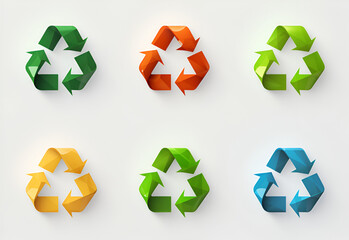 Colorful recycle icon collection, white background. Recycling signs with rotation arrow. Recycling paper, separate waste collection. Save the trees, save the planet, environmental concern concept