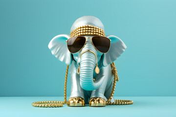 Modern Feng Shui fortune Elephant with glasses, and golden chain on pastel background. Creative animal concept banner