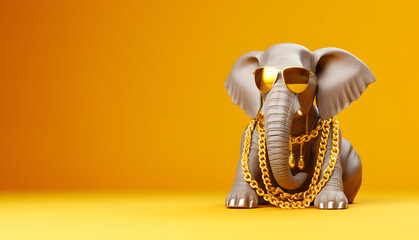 Modern Feng Shui fortune Elephant with glasses, and golden chain on pastel background. Creative...