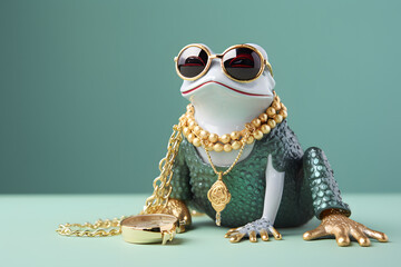 Modern Feng Shui fortune frog with glasses, golden chain and necklace on pastel background....