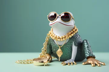 Fototapeten Modern Feng Shui fortune frog with glasses, golden chain and necklace on pastel background. Creative animal concept © SM.Art