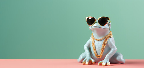 Modern Feng Shui fortune frog with glasses and golden jewelry on pastel background. Creative animal...