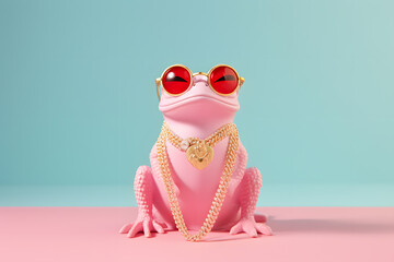 Modern Feng Shui fortune frog with glasses and golden chain on pastel background. Creative animal...