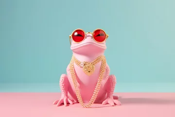 Gordijnen Modern Feng Shui fortune frog with glasses and golden chain on pastel background. Creative animal concept © SM.Art