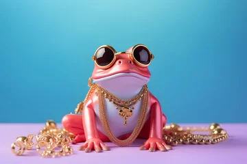 Poster Modern Feng Shui fortune frog with glasses and golden chain on pastel background. Creative animal concept © SM.Art