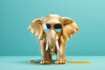 Modern Feng Shui fortune Elephant with glasses, and golden chain on pastel background. Creative...
