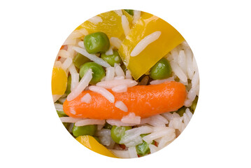 Delicious fresh white boiled rice with vegetables carrots, peppers and asparagus beans on a ceramic plate