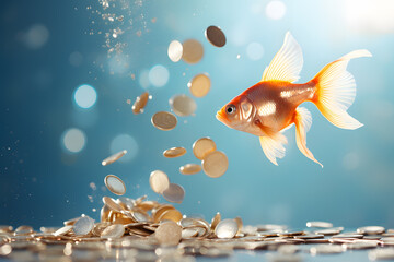 Modern Feng Shui Goldfish in tank with golden coins on pastel blue background