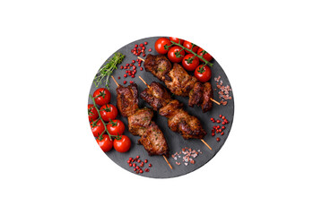 Delicious grilled chicken, turkey or pork skewers with salt, spices and herbs